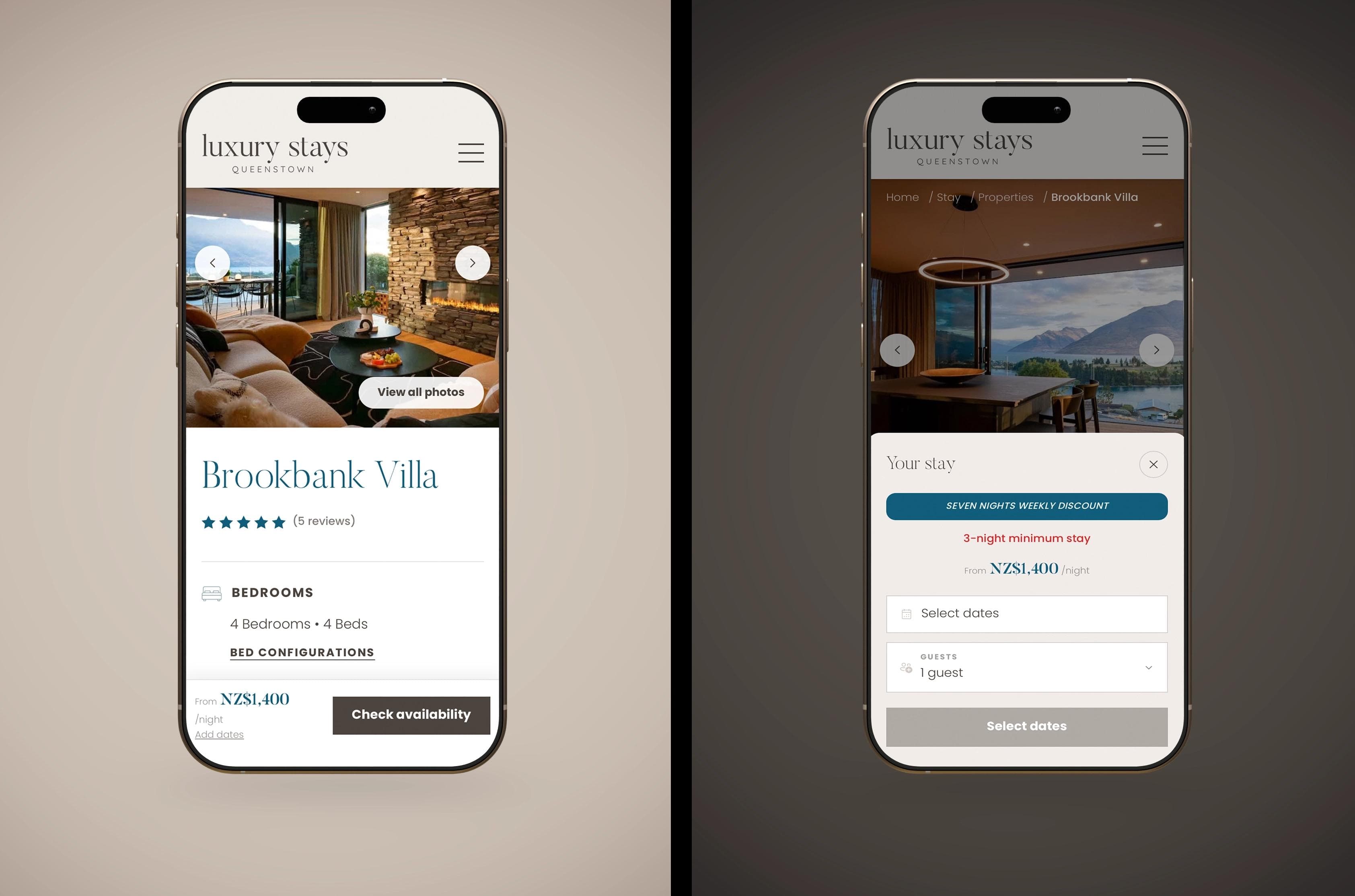 Luxury Stays Queenstown property listing website with live rates, availability and premium villa photography