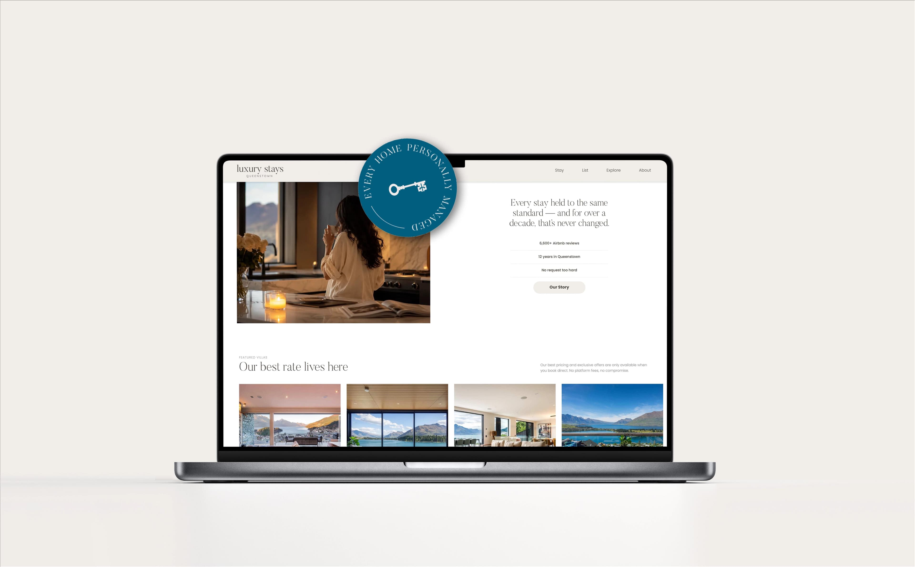 Luxury Stays Queenstown website homepage showing luxury accommodation search and booking experience
